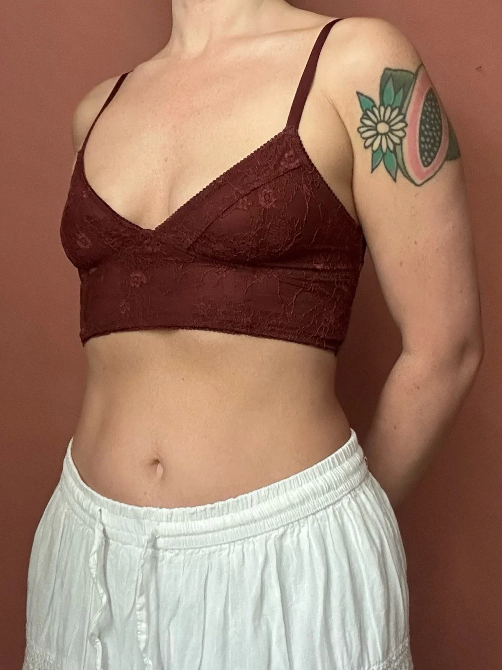 Burgundy lace bralette with adjustable straps